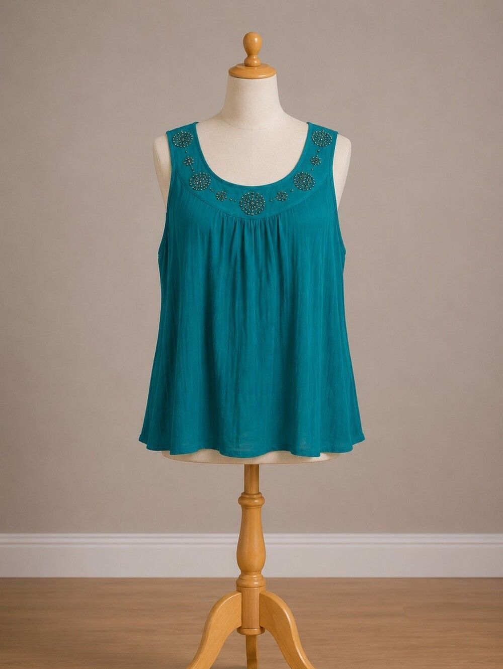 Embellished Teal Scoop Neck Sleeveless Tank Plus Size 2x